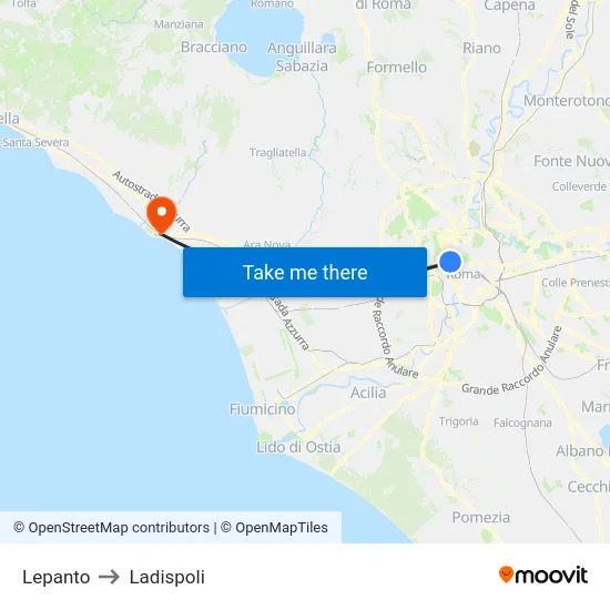 Lepanto to Ladispoli map