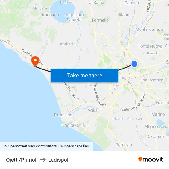 Ojetti/Primoli to Ladispoli map