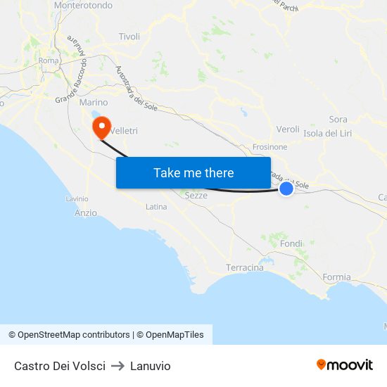 Castro Dei Volsci to Lanuvio map