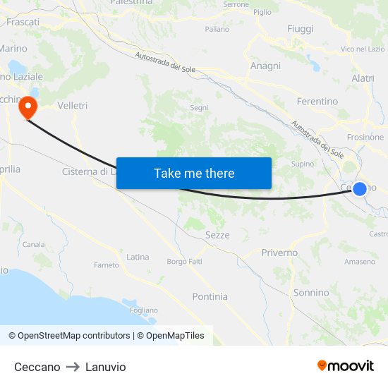 Ceccano to Lanuvio map