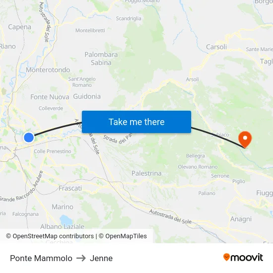 Ponte Mammolo to Jenne map