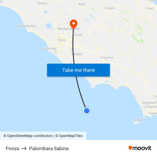 Ponza to Palombara Sabina map