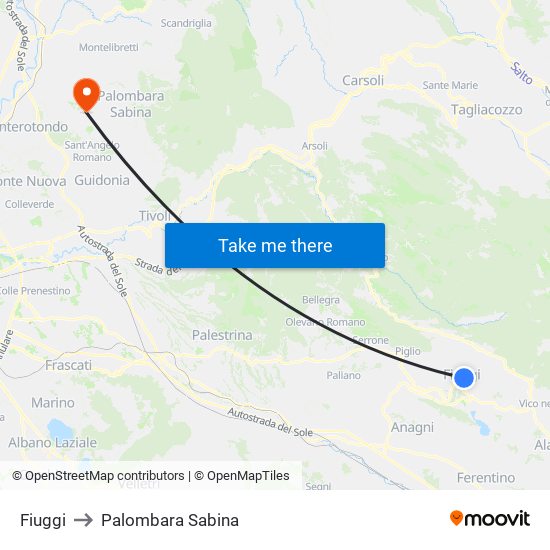 Fiuggi to Palombara Sabina map