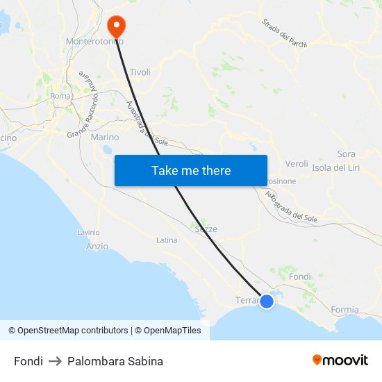 Fondi to Palombara Sabina map