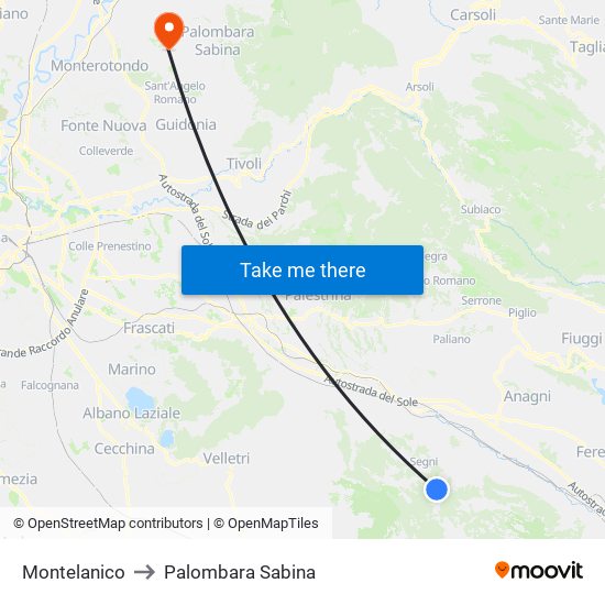 Montelanico to Palombara Sabina map