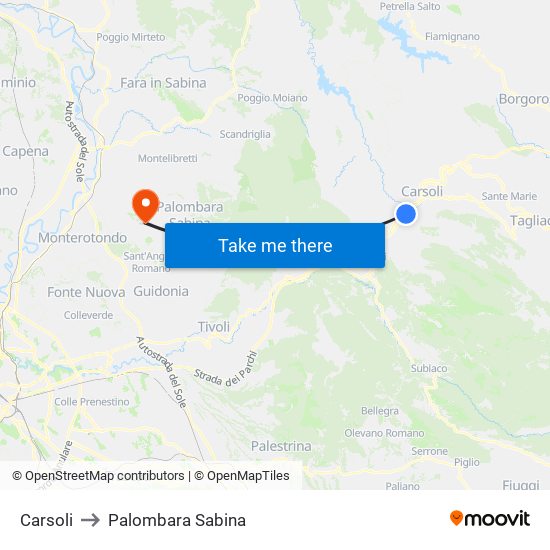 Carsoli to Palombara Sabina map