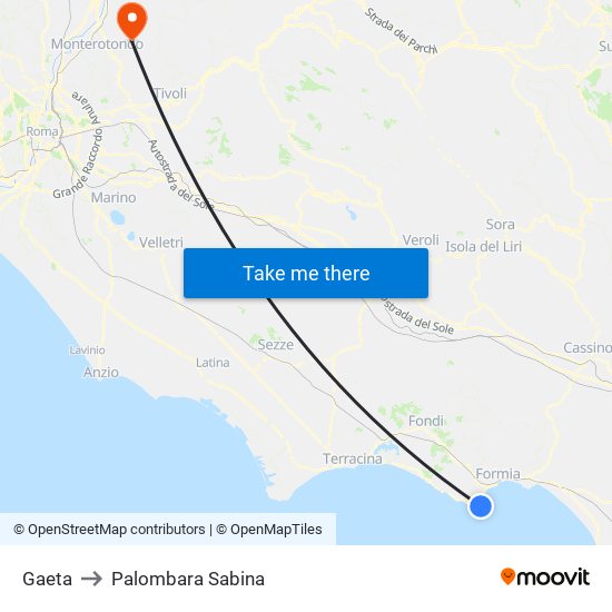 Gaeta to Palombara Sabina map