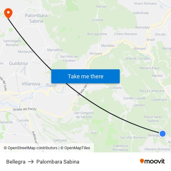 Bellegra to Palombara Sabina map