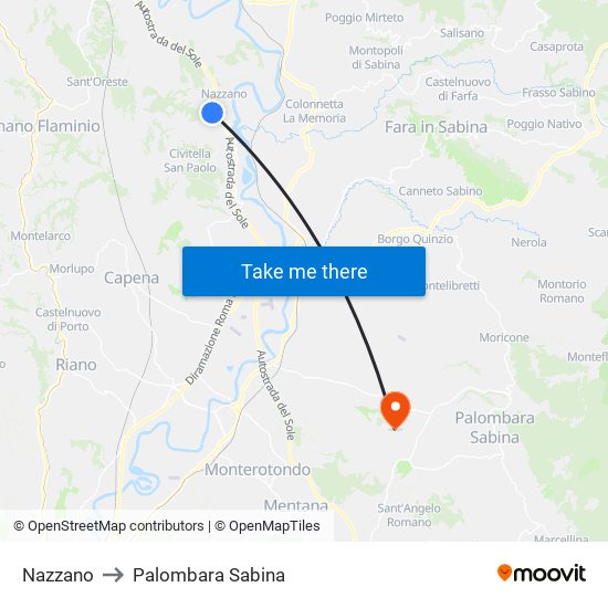 Nazzano to Palombara Sabina map