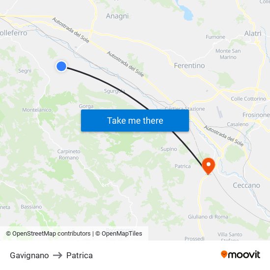 Gavignano to Patrica map