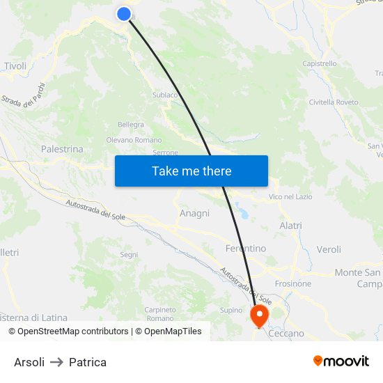 Arsoli to Patrica map