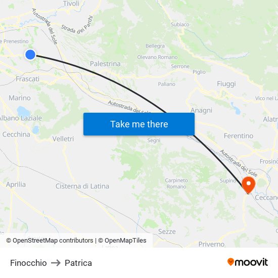 Finocchio to Patrica map