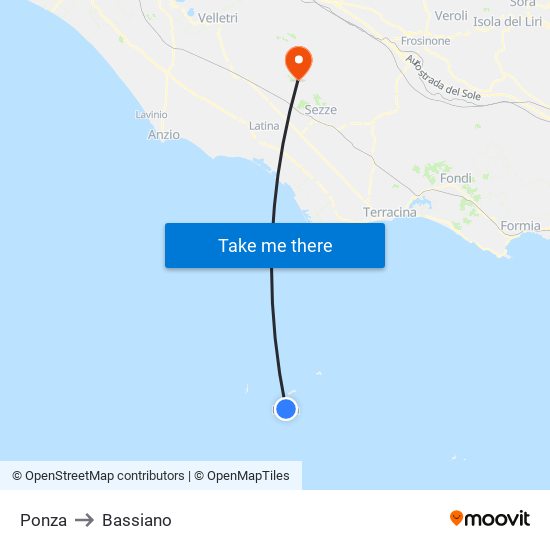 Ponza to Bassiano map