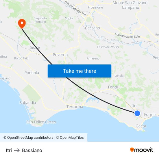 Itri to Bassiano map