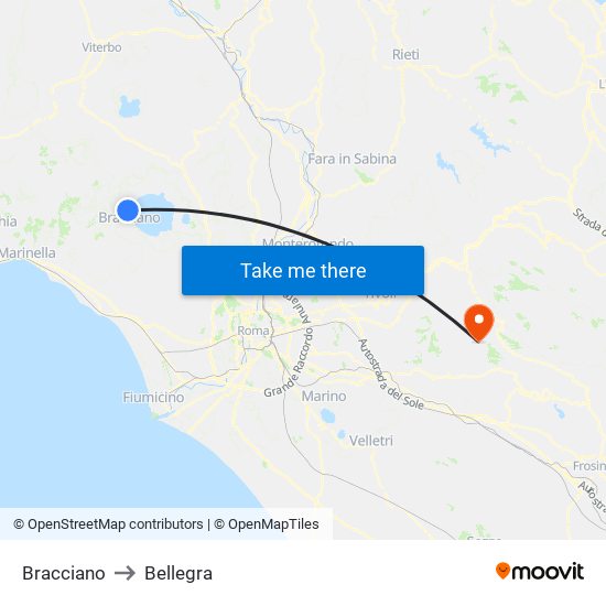 Bracciano to Bellegra map