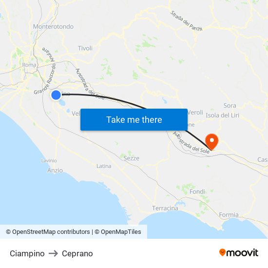 Ciampino to Ceprano map