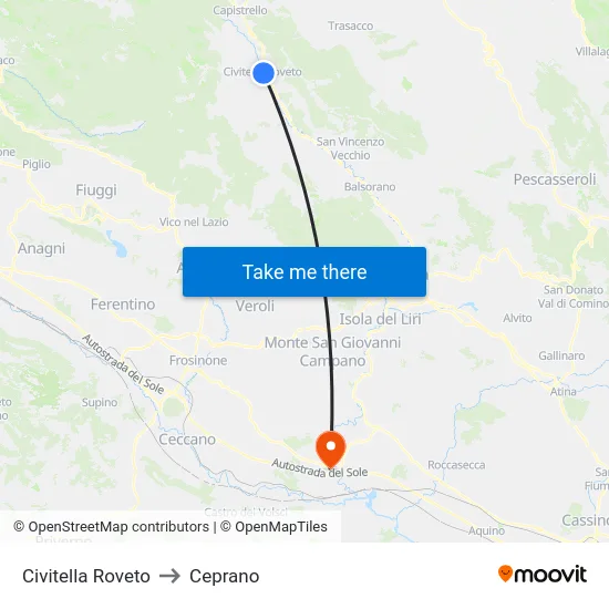Civitella Roveto to Ceprano map