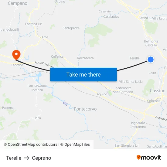 Terelle to Ceprano map