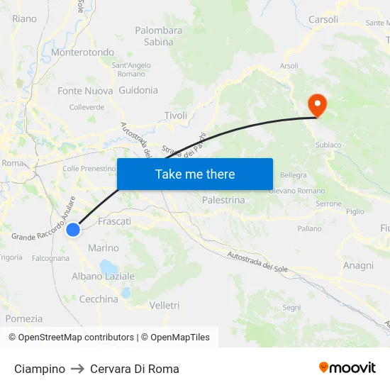 Ciampino to Cervara Di Roma map