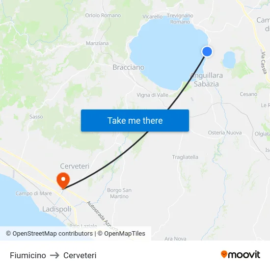Fiumicino to Cerveteri map