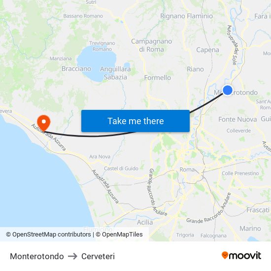 Monterotondo to Cerveteri map