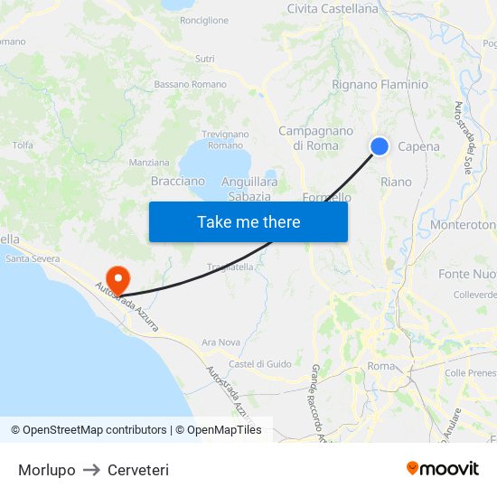Morlupo to Cerveteri map