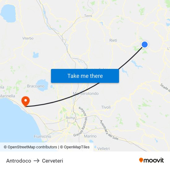 Antrodoco to Cerveteri map