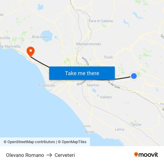 Olevano Romano to Cerveteri map