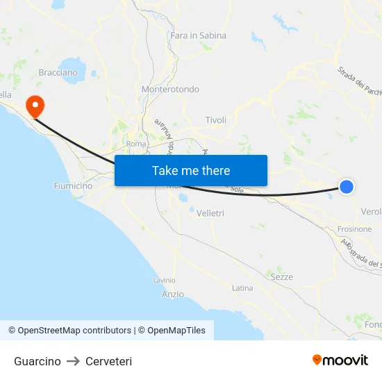 Guarcino to Cerveteri map