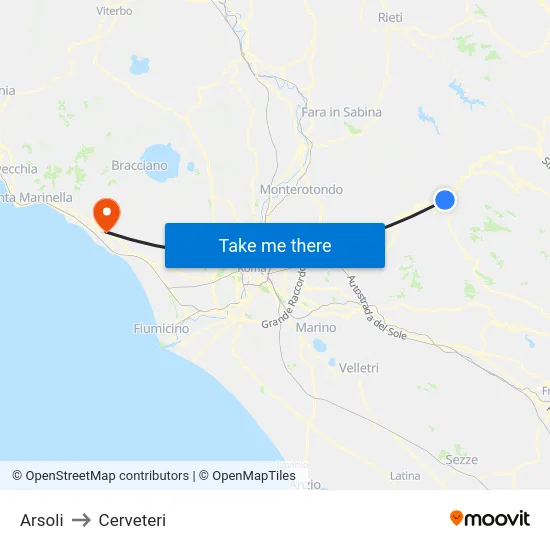 Arsoli to Cerveteri map