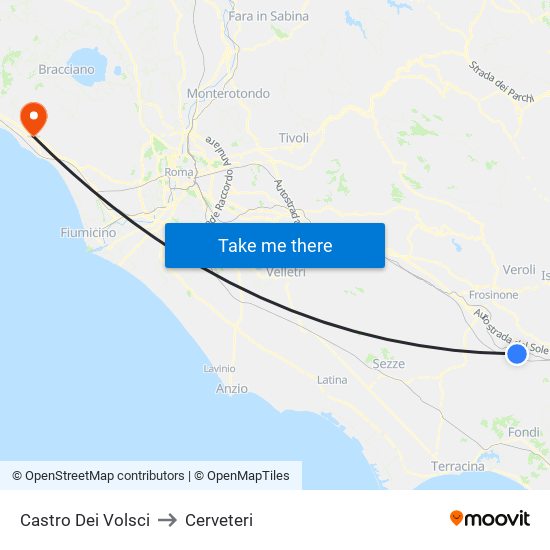 Castro Dei Volsci to Cerveteri map