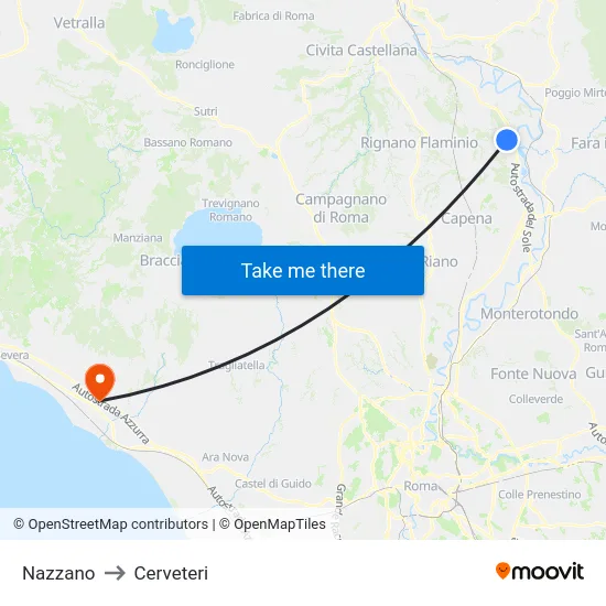 Nazzano to Cerveteri map