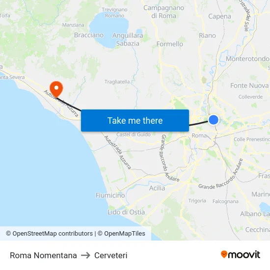 Roma Nomentana to Cerveteri map