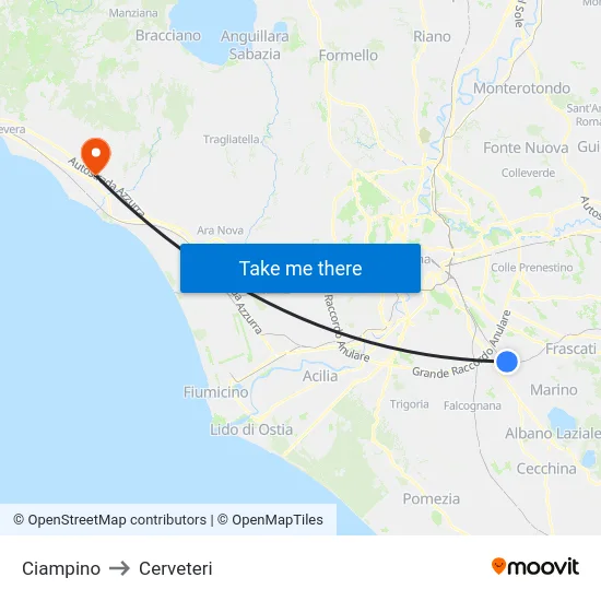 Ciampino to Cerveteri map