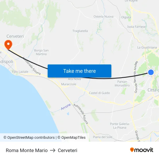 Roma Monte Mario to Cerveteri map