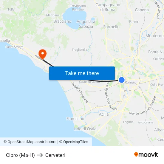 Cipro (Ma-H) to Cerveteri map