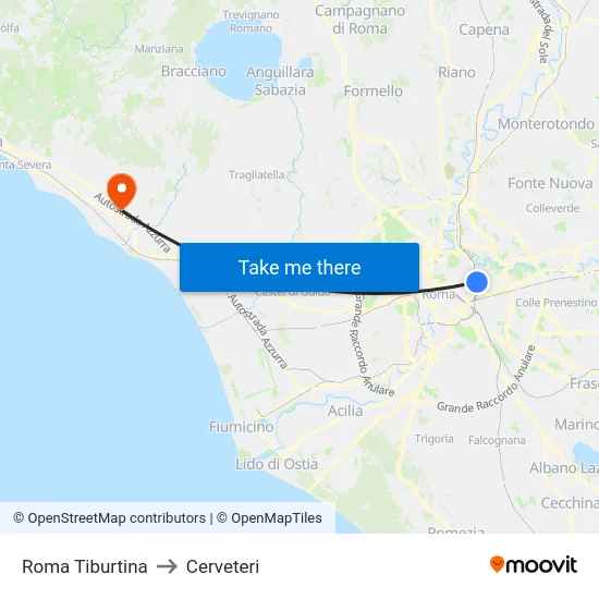 Roma Tiburtina to Cerveteri map