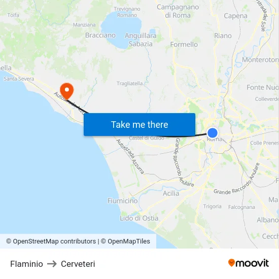 Flaminio to Cerveteri map