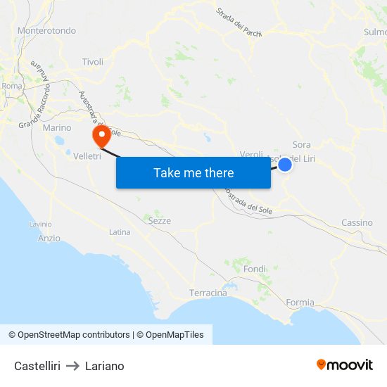 Castelliri to Lariano map