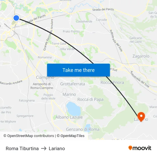 Roma Tiburtina to Lariano map