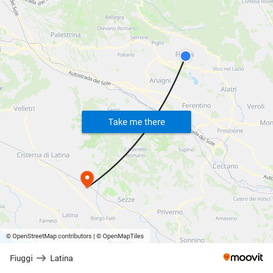 Fiuggi to Latina map