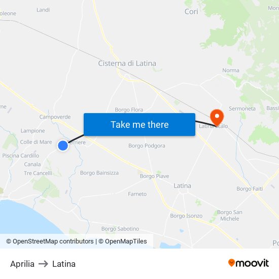 Aprilia to Latina map