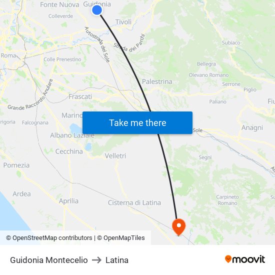 Guidonia Montecelio to Latina map