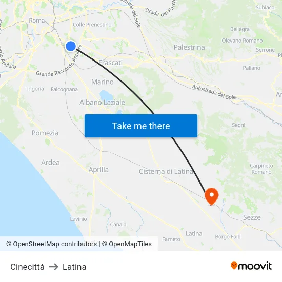 Cinecittà to Latina map