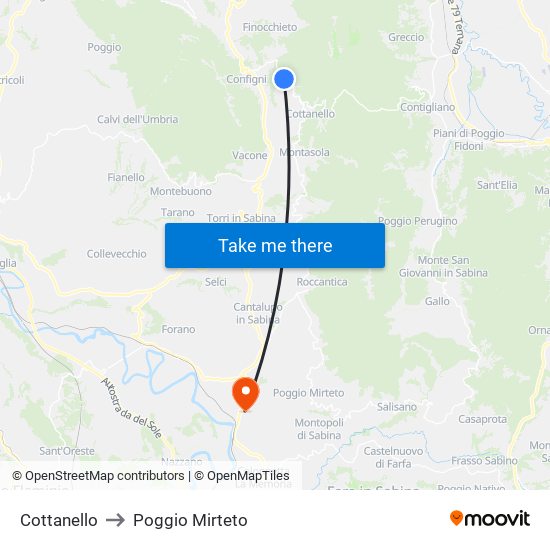 Cottanello to Poggio Mirteto map