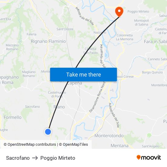 Sacrofano to Poggio Mirteto map