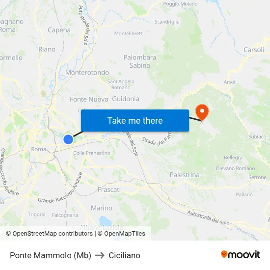 Ponte Mammolo (Metro B) to Ciciliano map