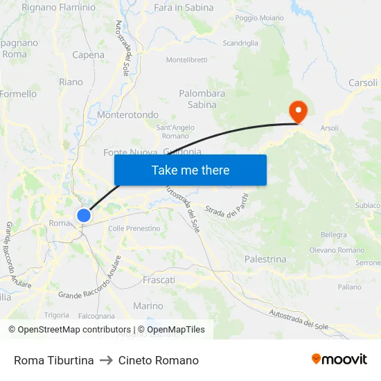 Roma Tiburtina to Cineto Romano map
