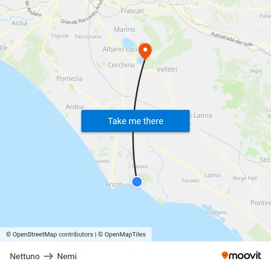 Nettuno to Nemi map