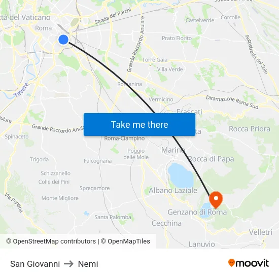 San Giovanni to Nemi map